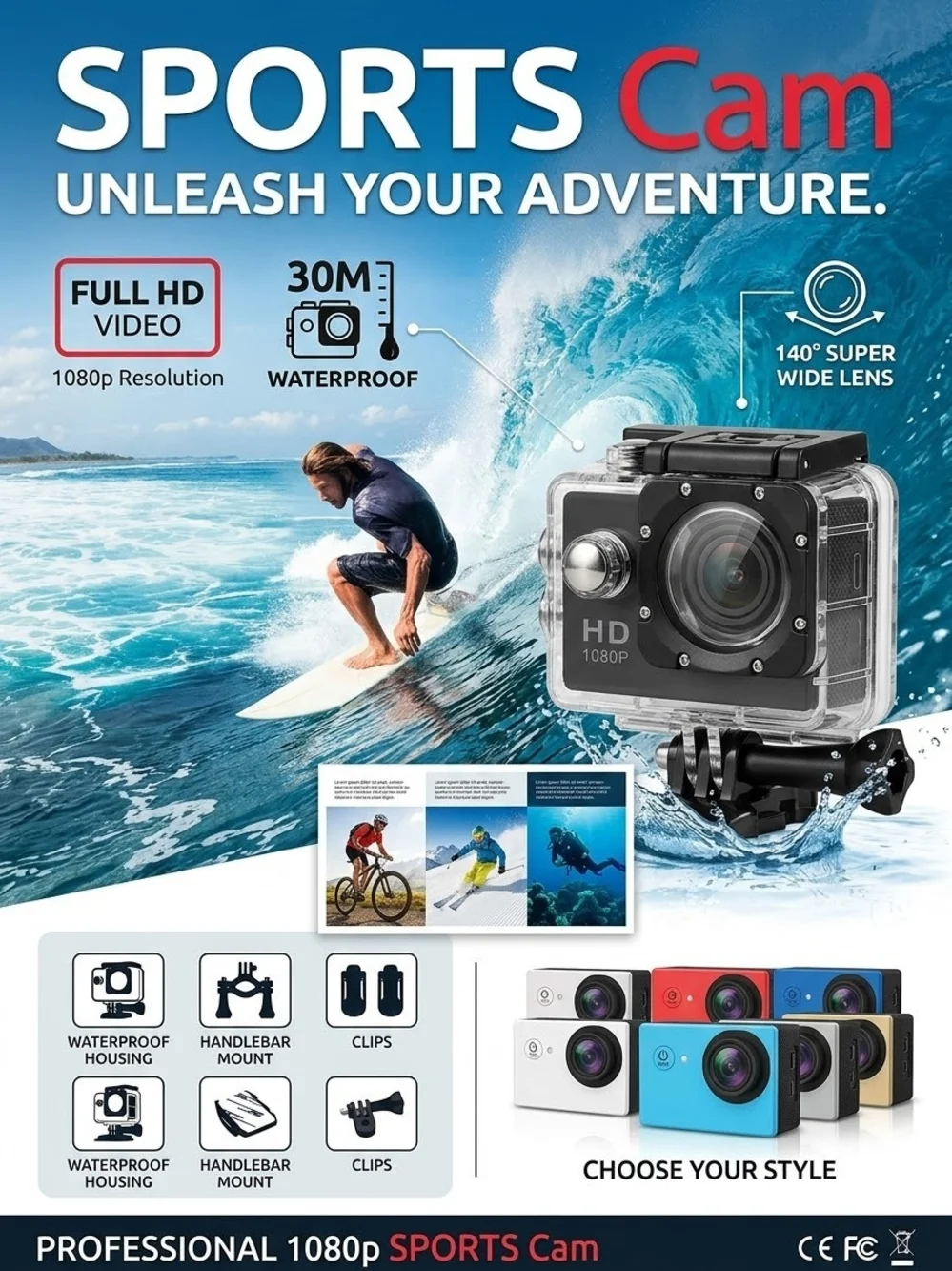 1080p Full HD Sports Action Camera Waterproof 30M 2